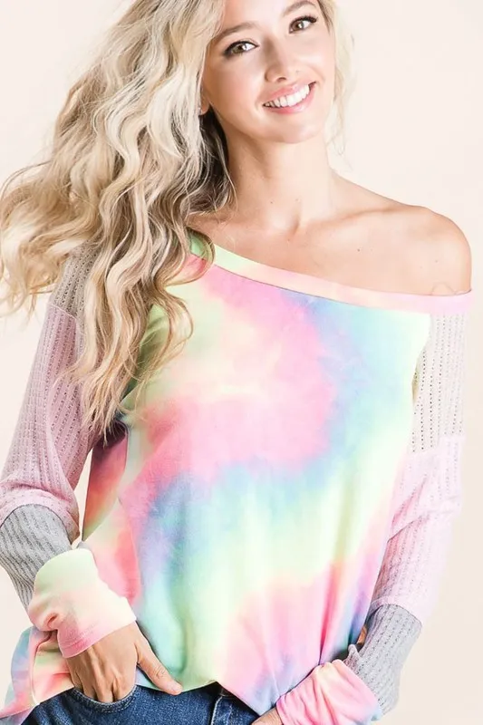 Tie Dye Terry Top with Color Block Pointelle Knit, image 4