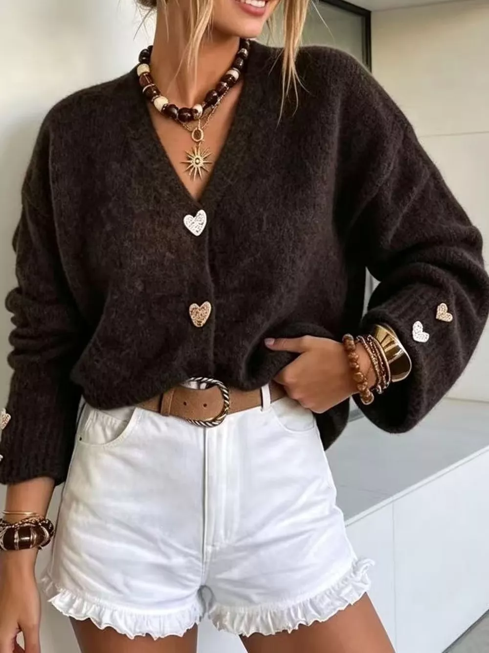 V-Neck Heart-Shaped Buttons Cardigan, image 4
