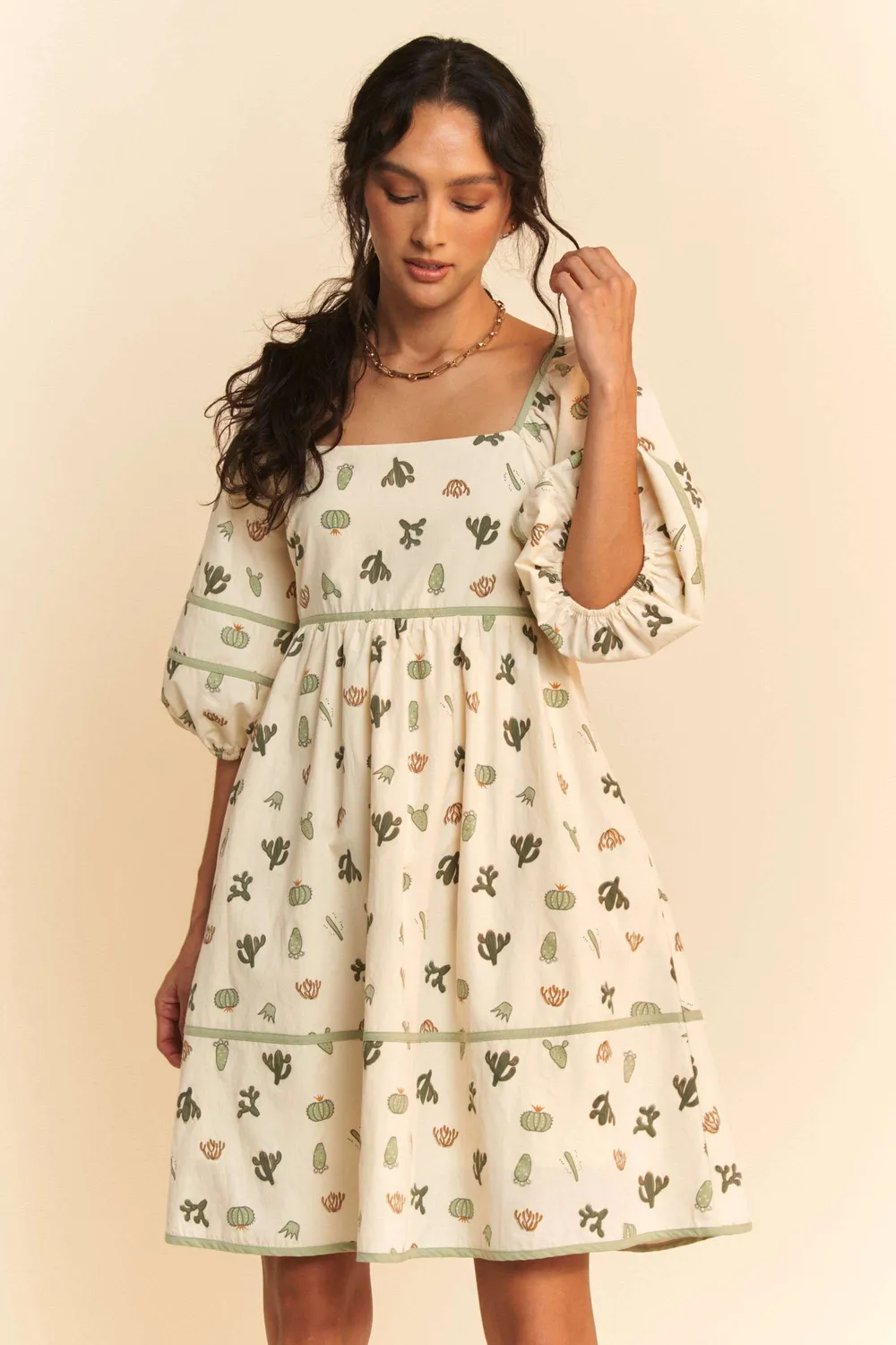 Cactus Printed Poplin Contrast Piping Mini Dress, image 3