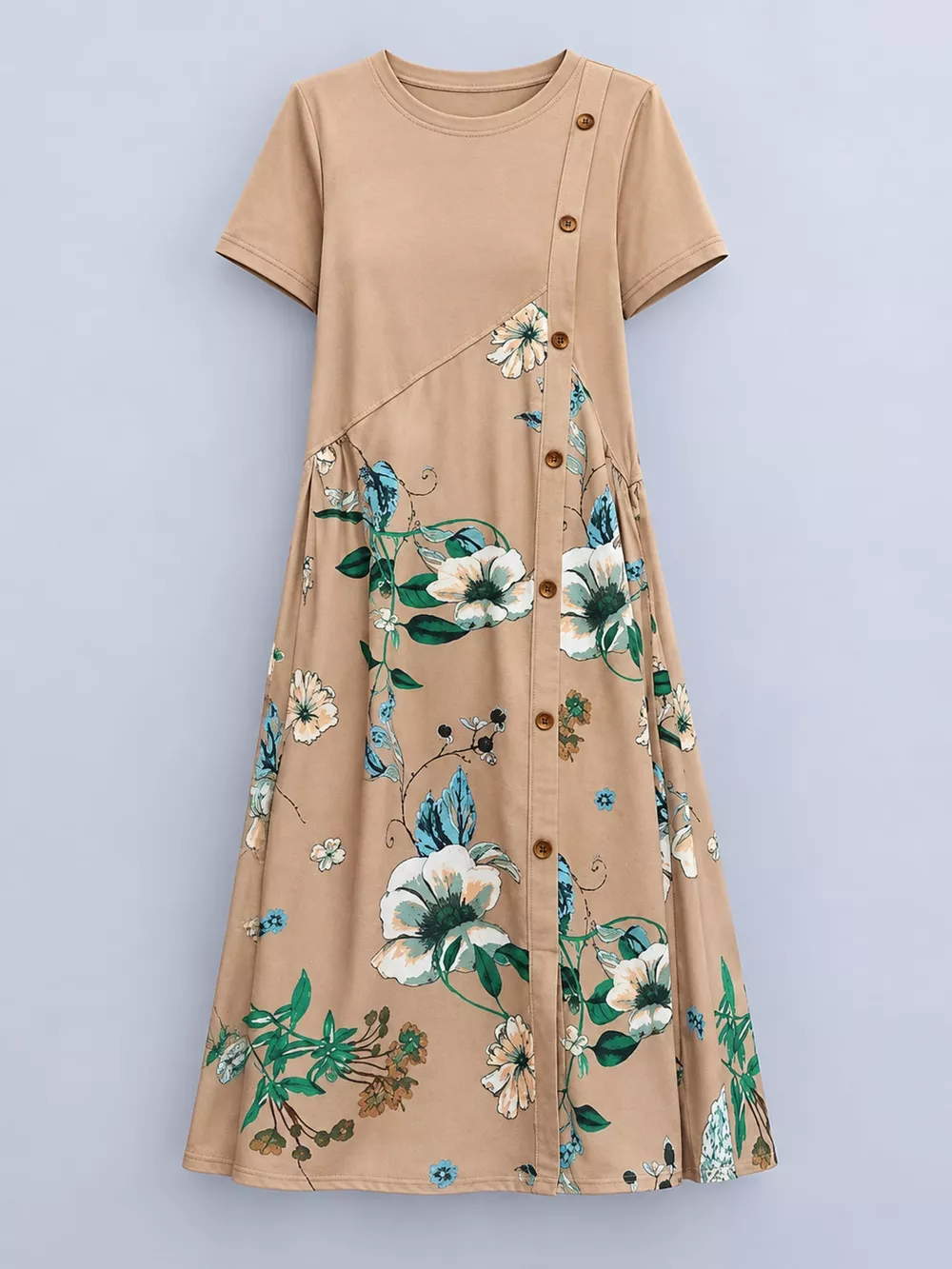Plus Size Floral Print A-Line Midi Dress with Asymmetric Button Detail, image 5