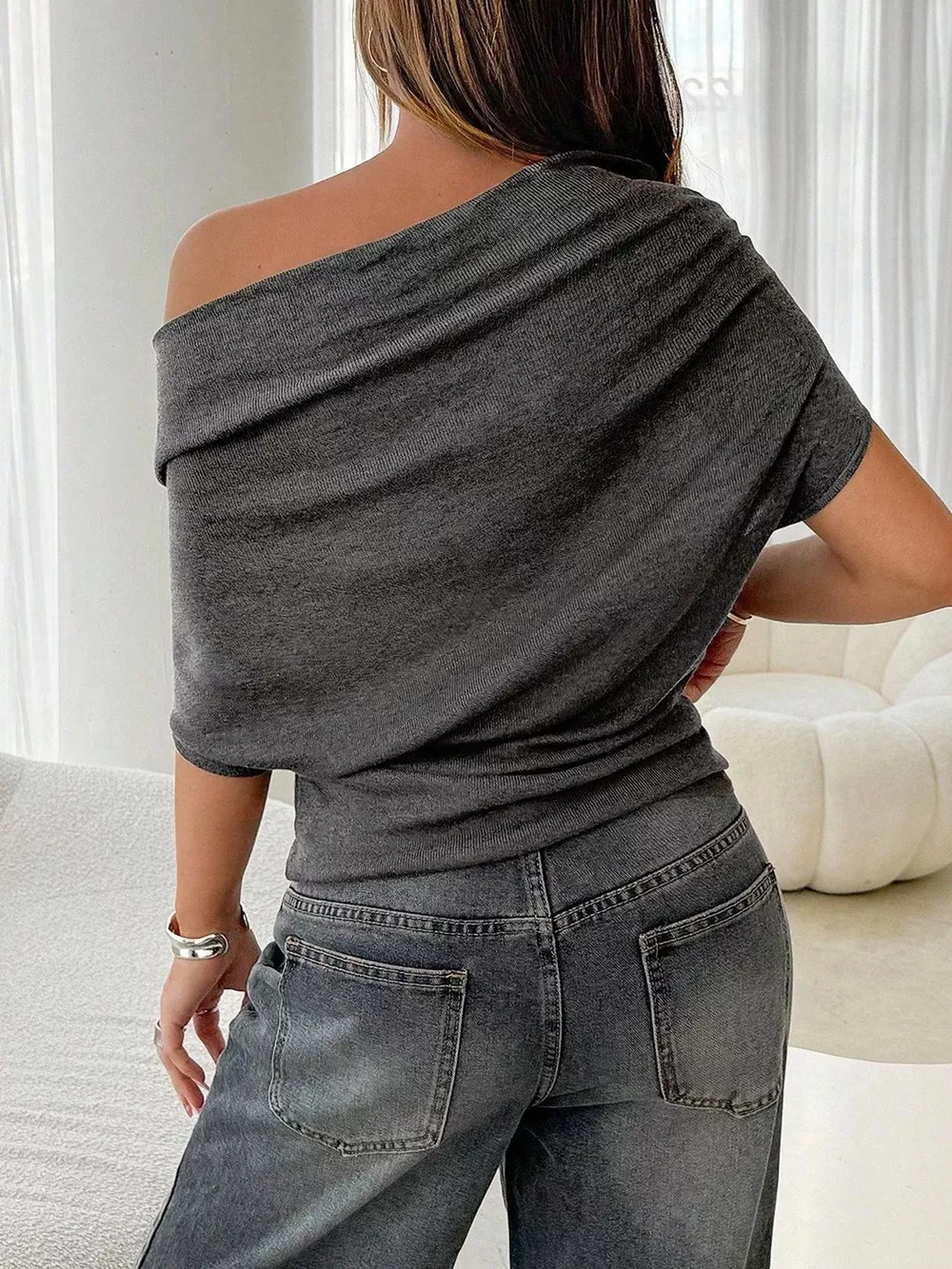 Off-Shoulder Ruched Knit T-Shirt, image 17