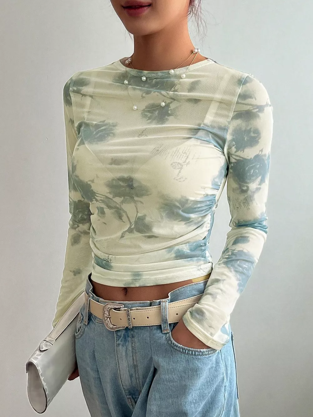 Floral Print Sheer Mesh Long Sleeve T-Shirt, image 5