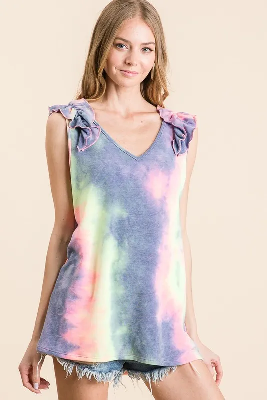 Tie Dye French Terry V Neck Top with Ruffle, image 5