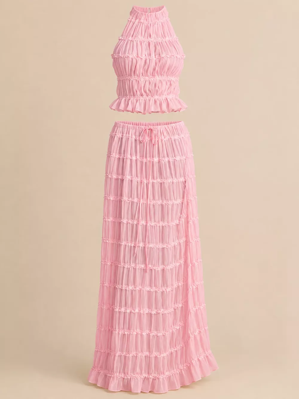 Boho Chic Ruffled Halter Crop Top and Maxi Skirt Set, image 27