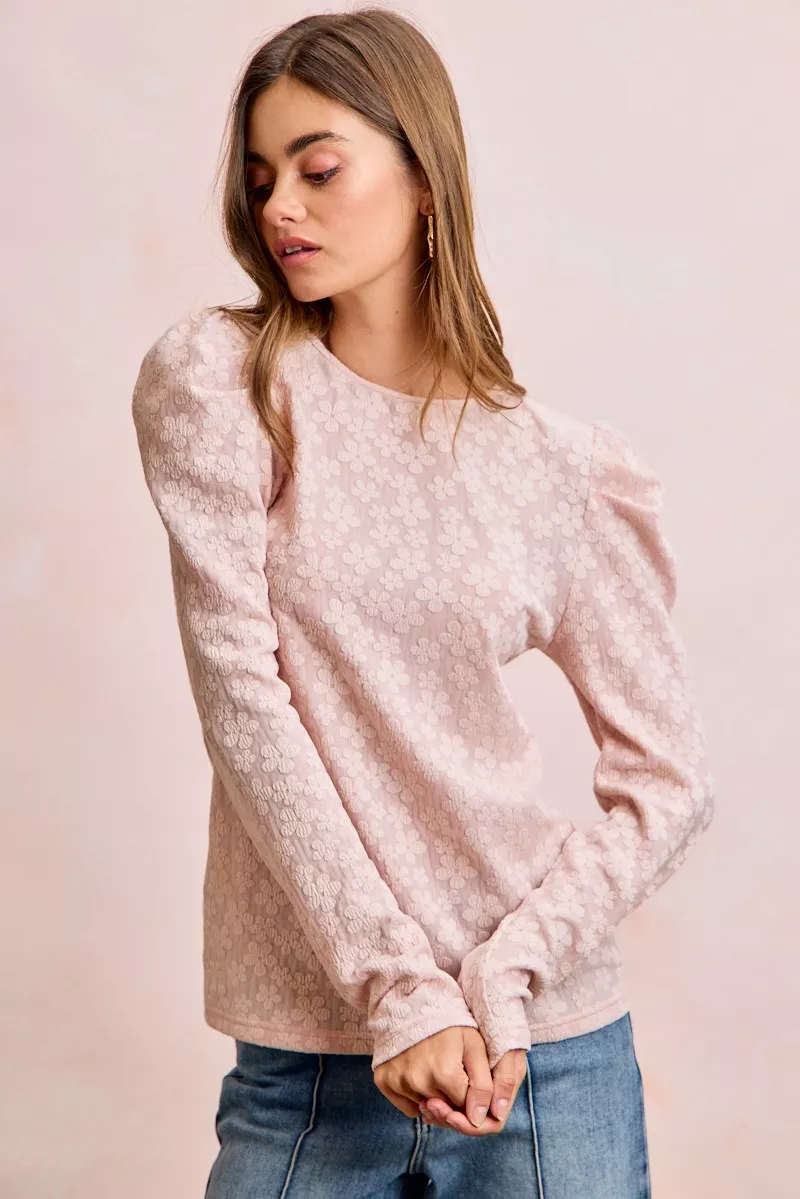 Textured Flower Knit Puff Shoulder Top, image 11