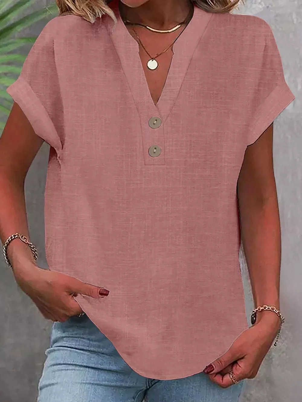 Full Size Button Detail Short Sleeve Blouse Plus Size, image 36
