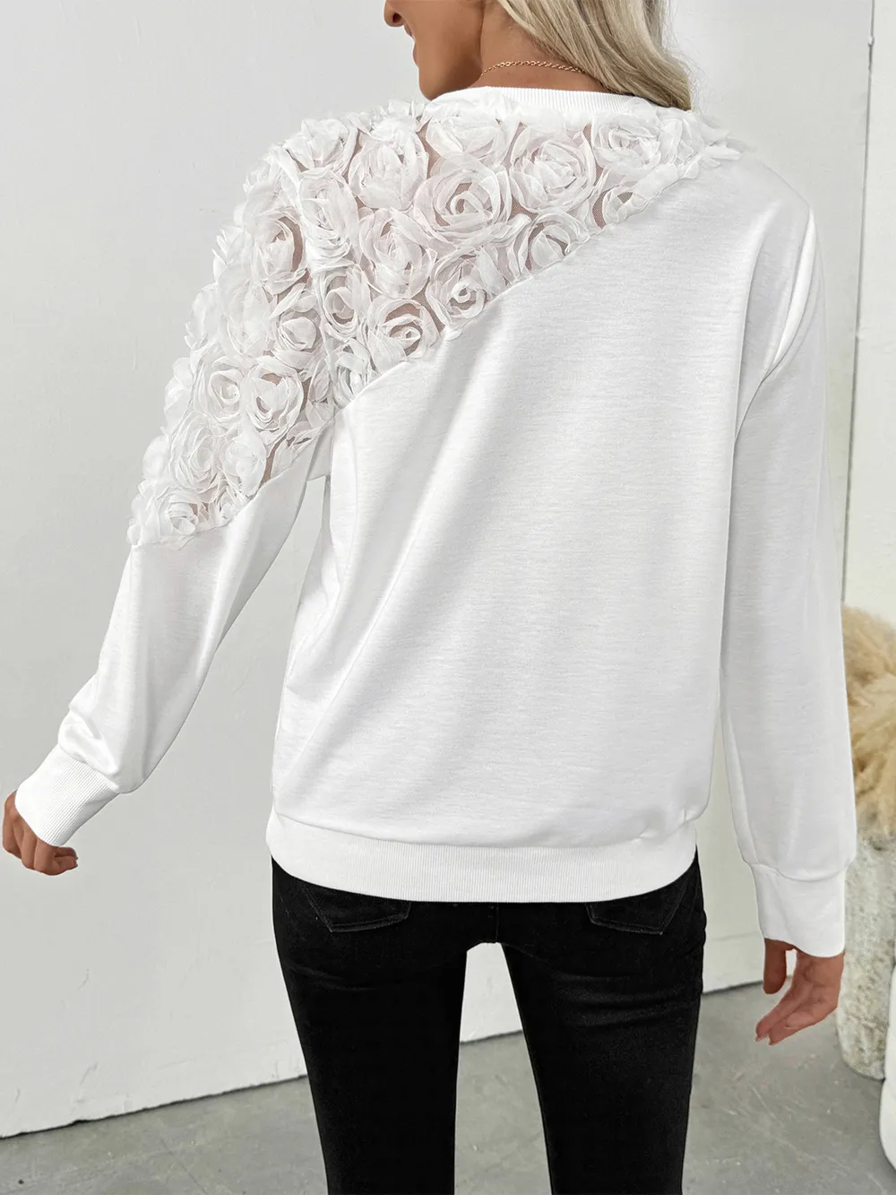 Rose Embroidered Long Sleeve Sweatshirt, image 5