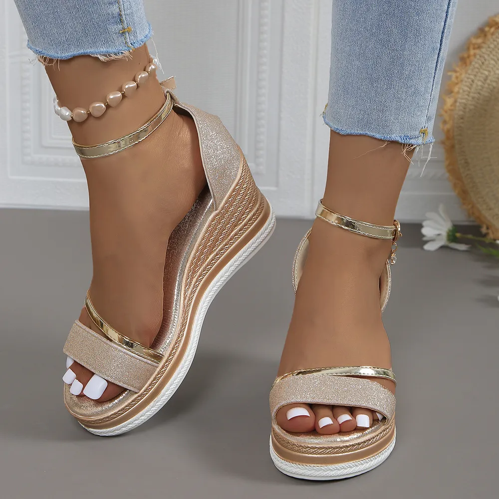 Glitter Platform Wedge Sandals with Ankle Strap, image 3