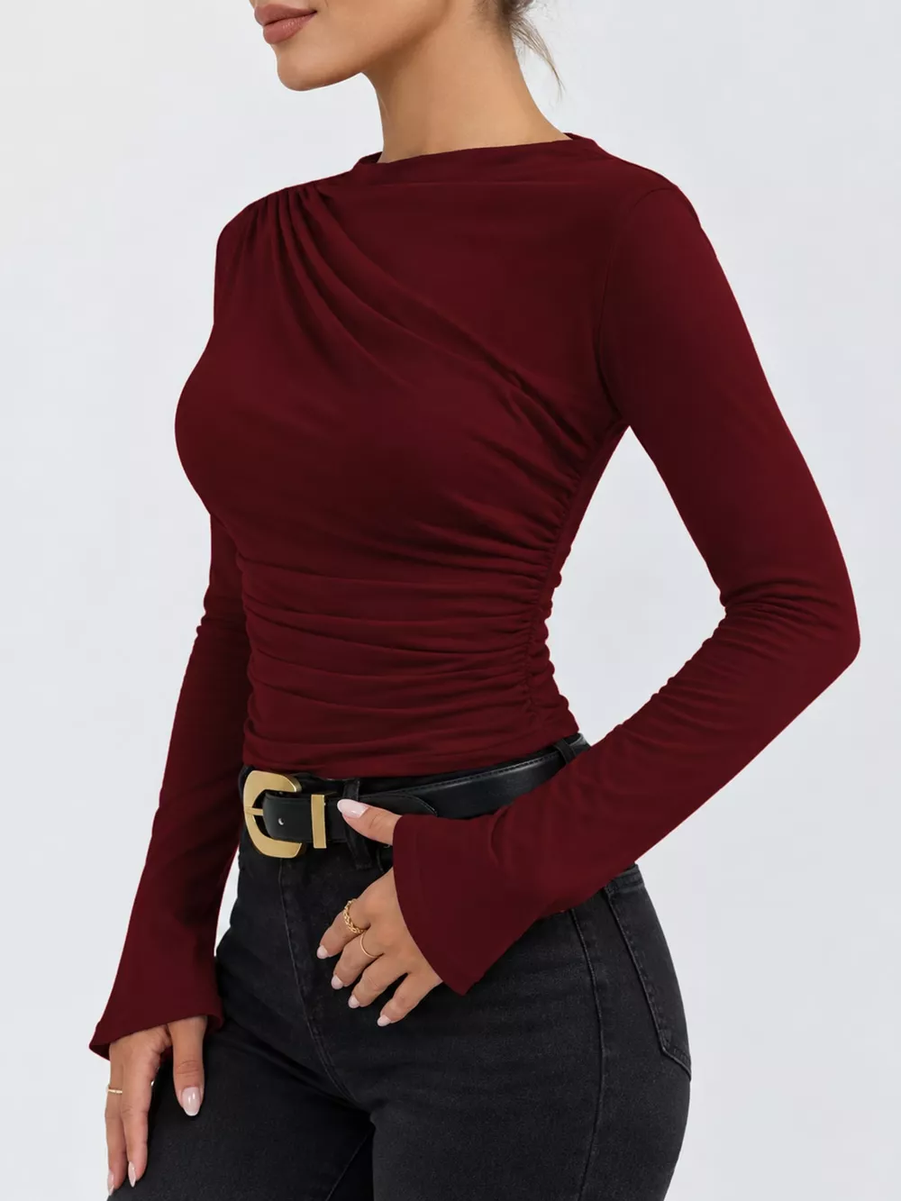 Ruched Long Sleeve Slim-Fit T-Shirt, image 27