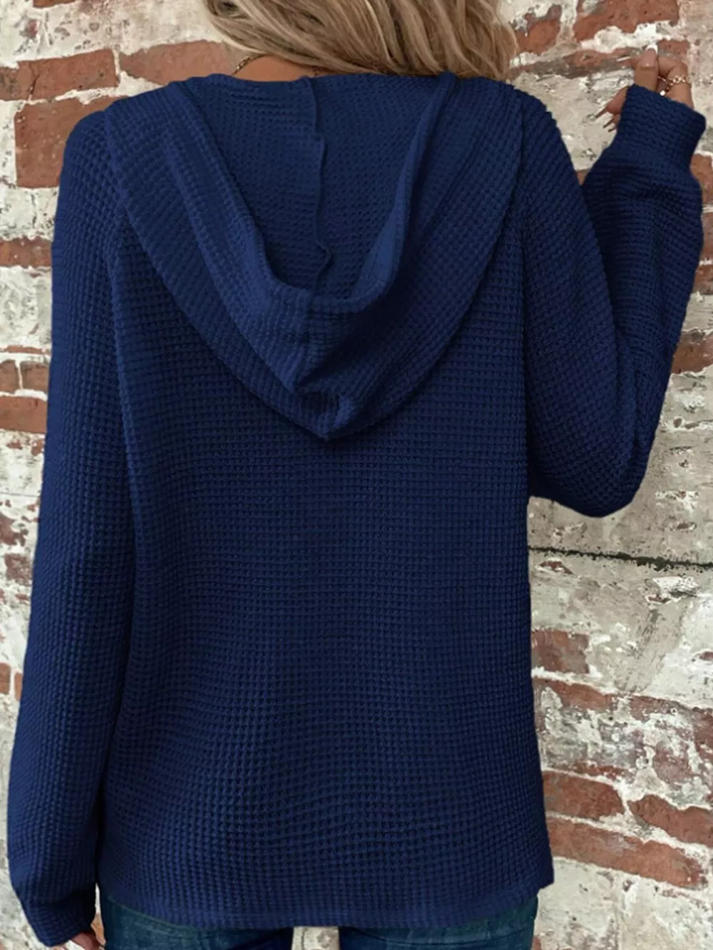 Full Size Waffle Knit Button Detail Hoodie Plus Size, image 21