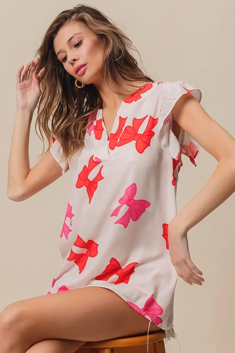 Bow Printed Woven Ruffled Sleeves V Neck Top, image 9