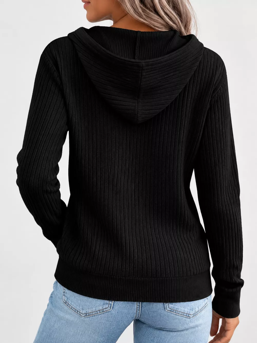 Full Size Ribbed Knit Zip-Up Hooded Cardigan Plus Size, image 6