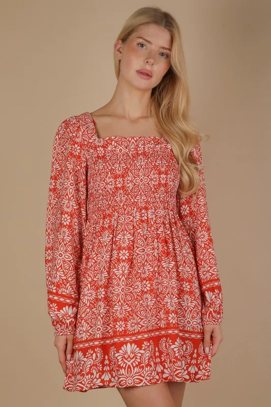 Printed Smocked Chest Boho Mini Dress, image 2