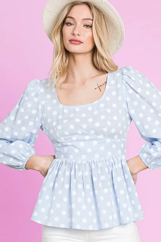 Polka Dot Print Balloon Sleeve Babydoll Peplum Top, image 8
