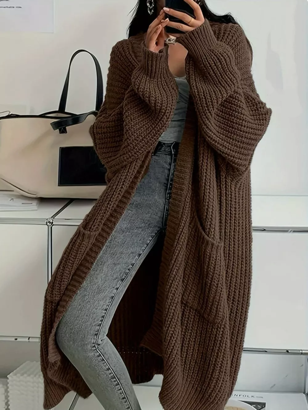 Full Size Chunky Knit Openwork Front Longline Cardigan Plus Size, image 24