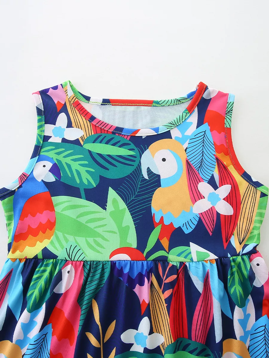 Children's Tropical Parrot Print Sleeveless A-Line Dress, image 2