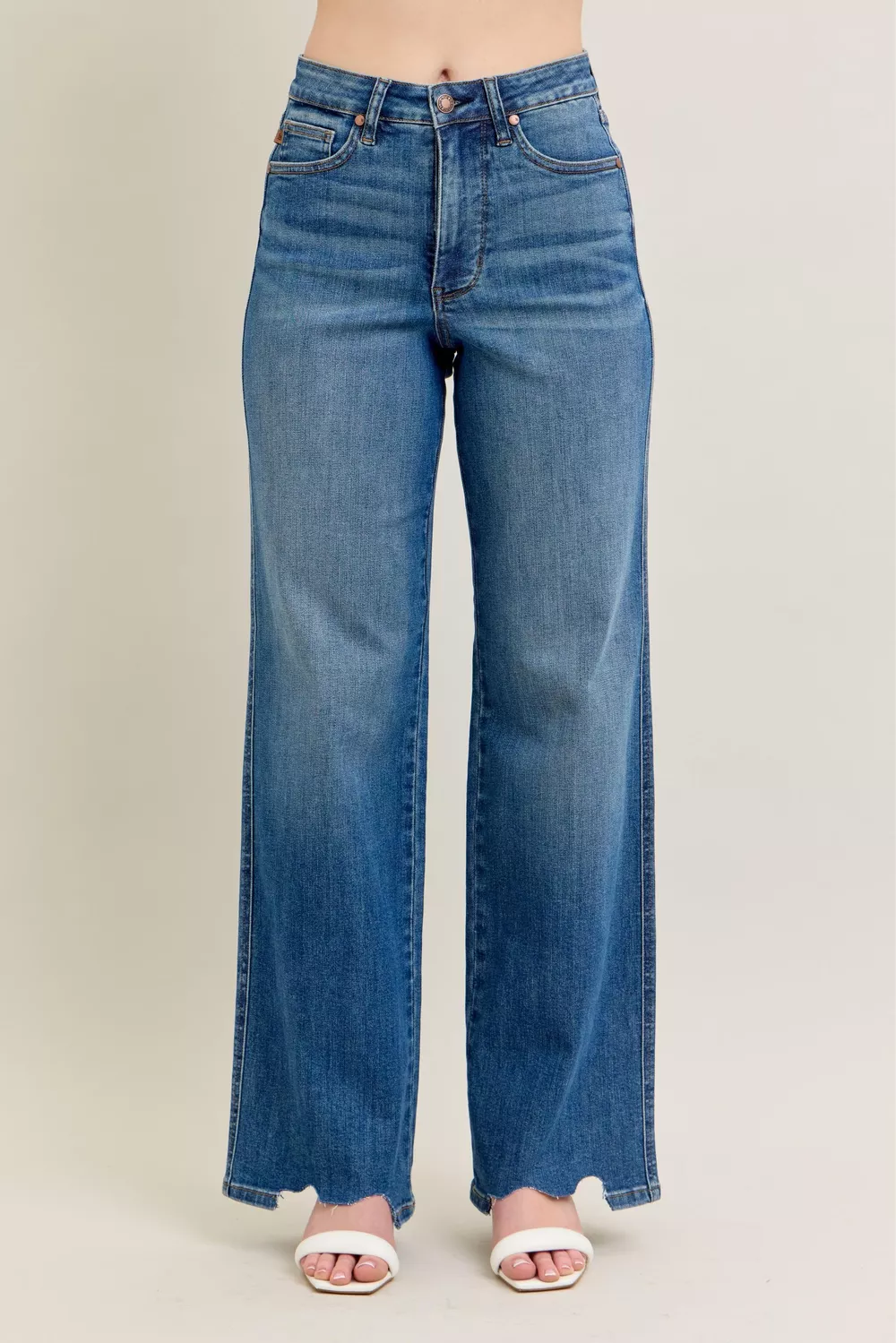 Full Size High Waist Tummy Control Chew Hem Destroy Wide Jeans Plus Size