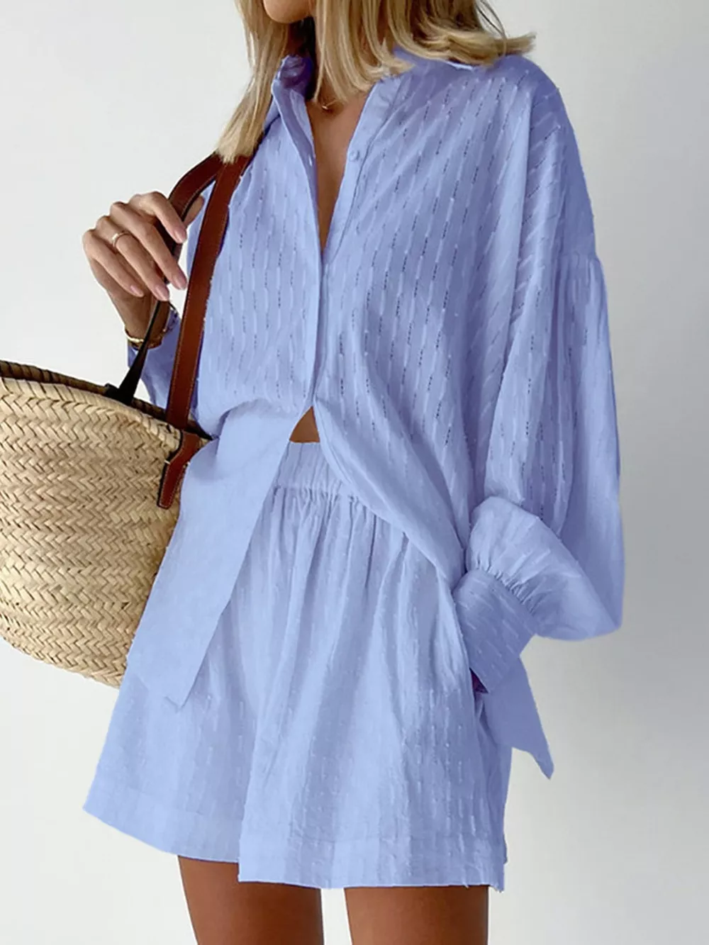 Textured Button-Down Shirt and Shorts Set, image 9