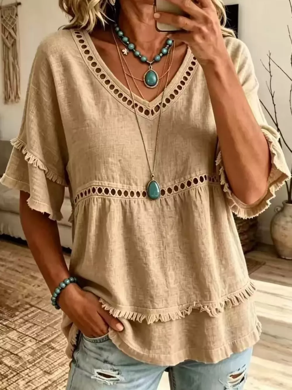 Full Size Frayed Hem V-Neck Blouse Plus Size