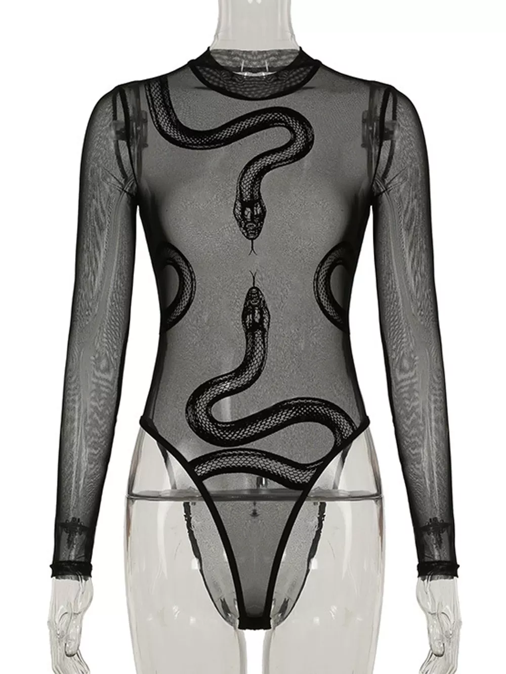 Sheer Mesh Snake Print Long Sleeve Bodysuit, image 6