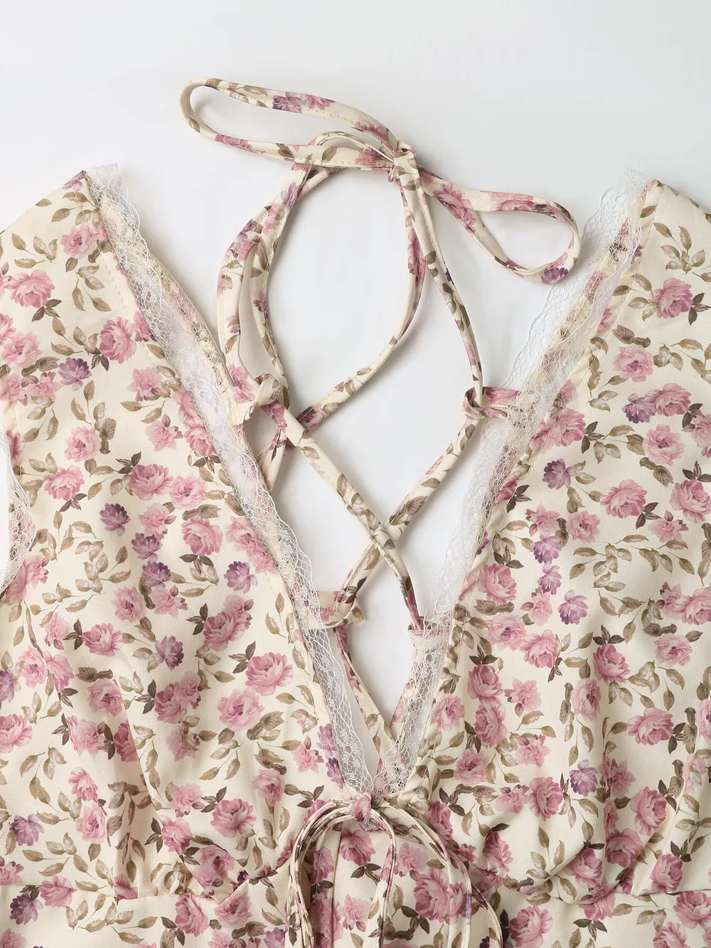 Floral Print Lace Trim Tie Front Dress, image 6