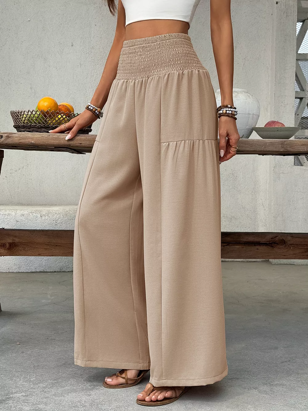 Smocked Waist Wide Leg Pants, image 9