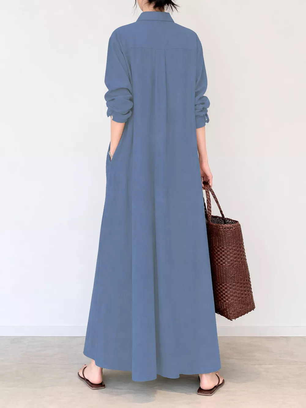 Full Size Button Front Long Sleeve Maxi Shirt Dress Plus Size, image 36
