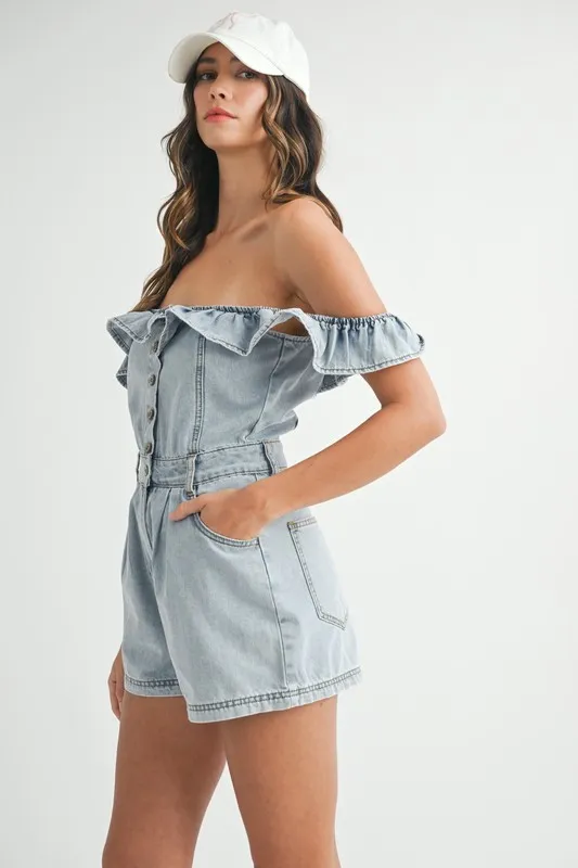 Off Shoulder Ruffle Detail Denim Romper, image 5