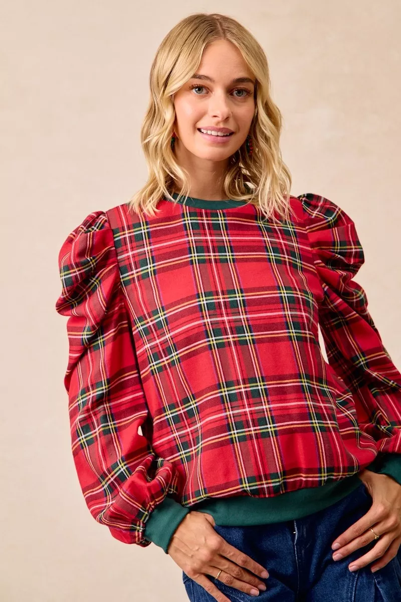 Christmas Plaid Exaggerated Shoulder Sleeves Top, image 7
