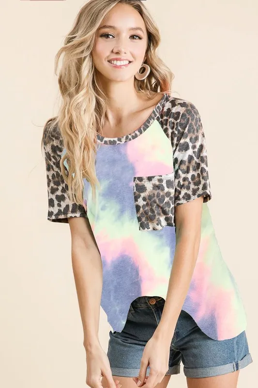 Tie Dye Knit Top with Leopard Raglan Sleeves, image 2