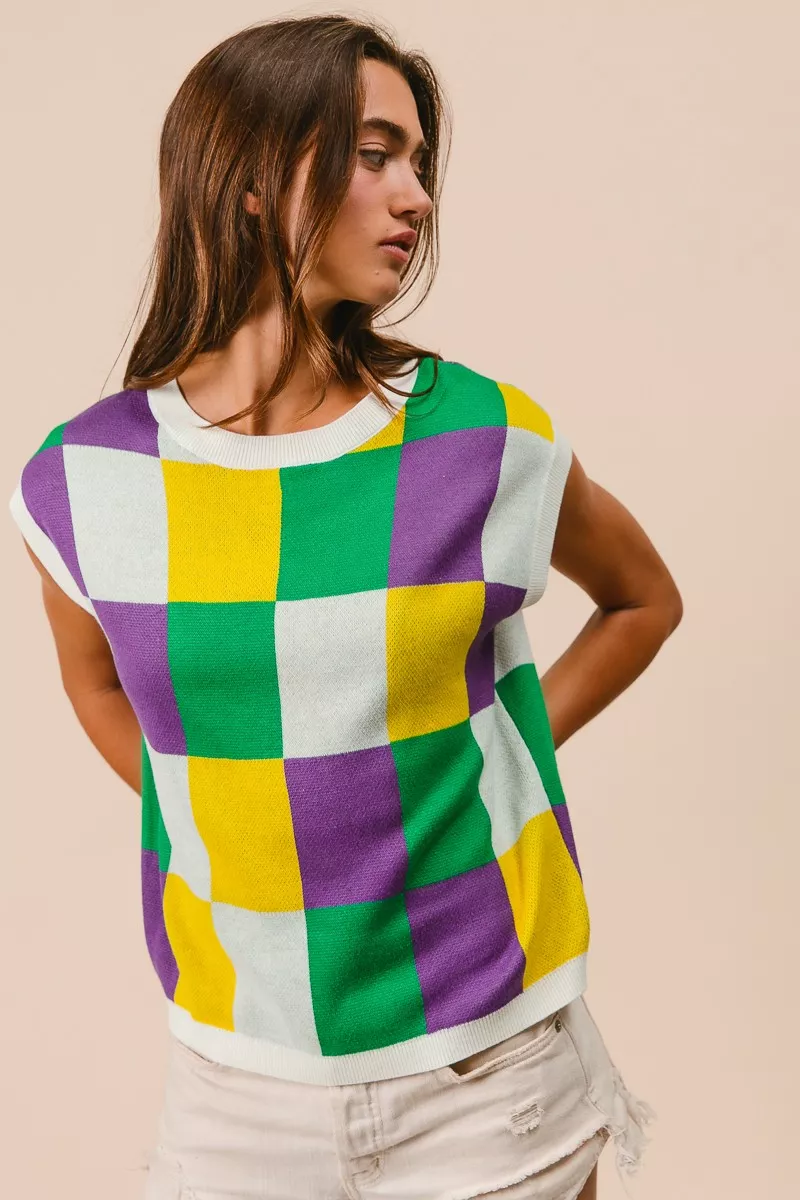 Mardi Gras Checker Pattern Sleeveless Sweater Top, image 10