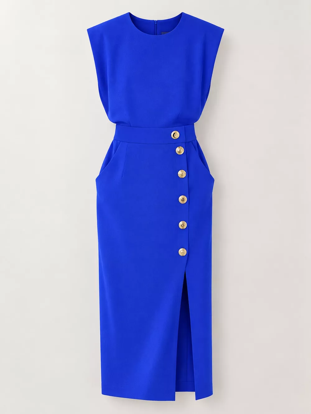 Sleeveless Midi Dress with Gold Button Detail and Side Slit, image 44
