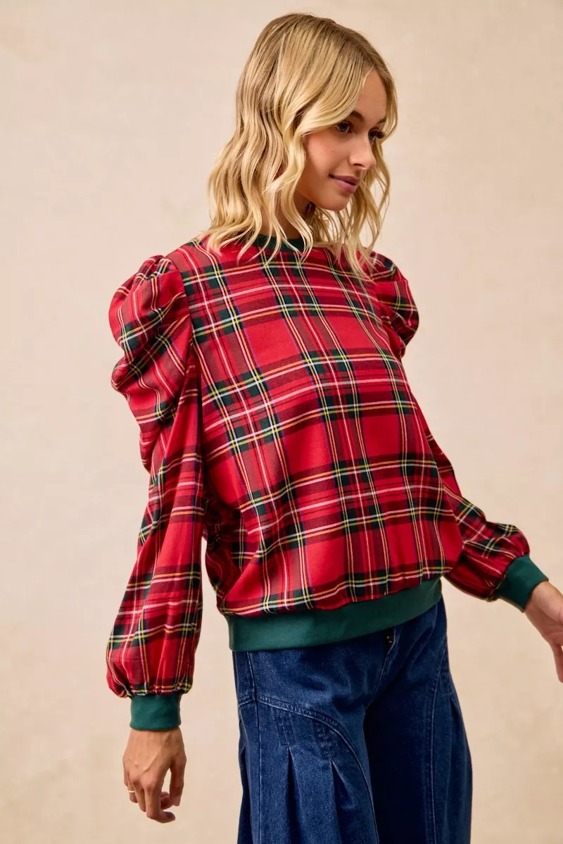 Christmas Plaid Exaggerated Shoulder Sleeves Top, image 8