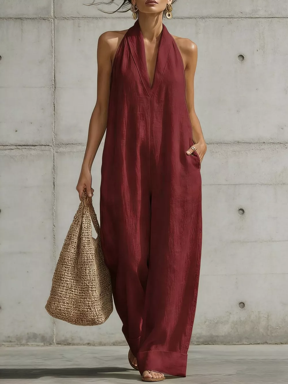 Full Size Halter Neck Wide-Leg Jumpsuit Plus Size, image 7