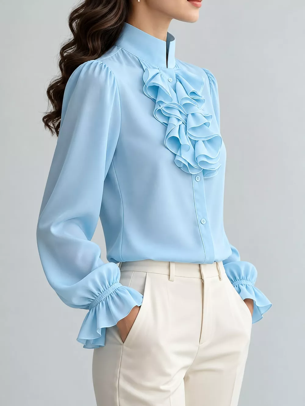 Ruffled Stand-Collar Blouse with Long Lantern Sleeves, image 32