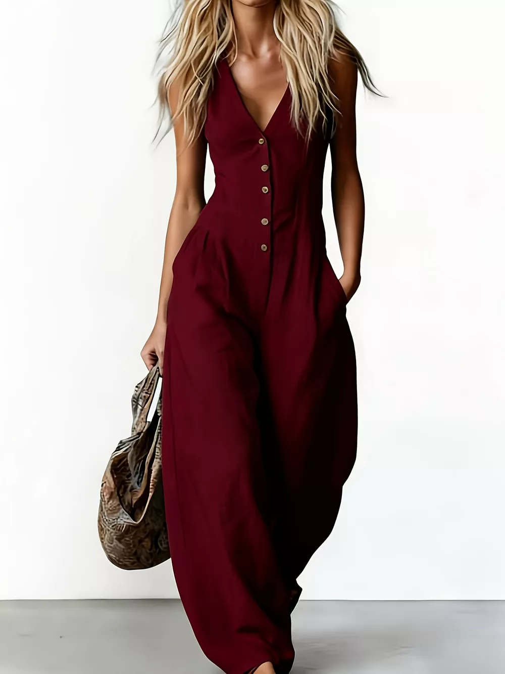 V-Neck Button-Down Wide-Leg Jumpsuit, image 4