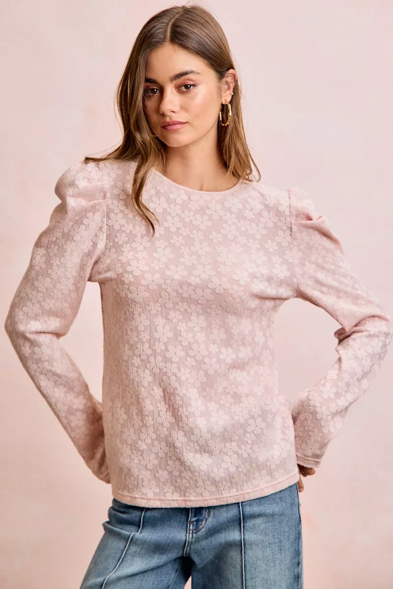 Textured Flower Knit Puff Shoulder Top, image 12