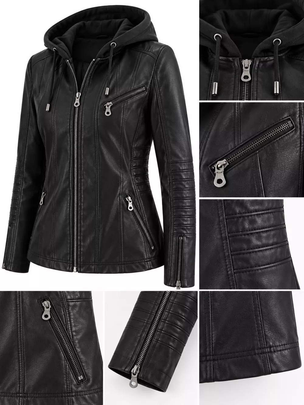 Full Size Detachable Hooded Faux Leather Moto Jacket Plus Size, image 6