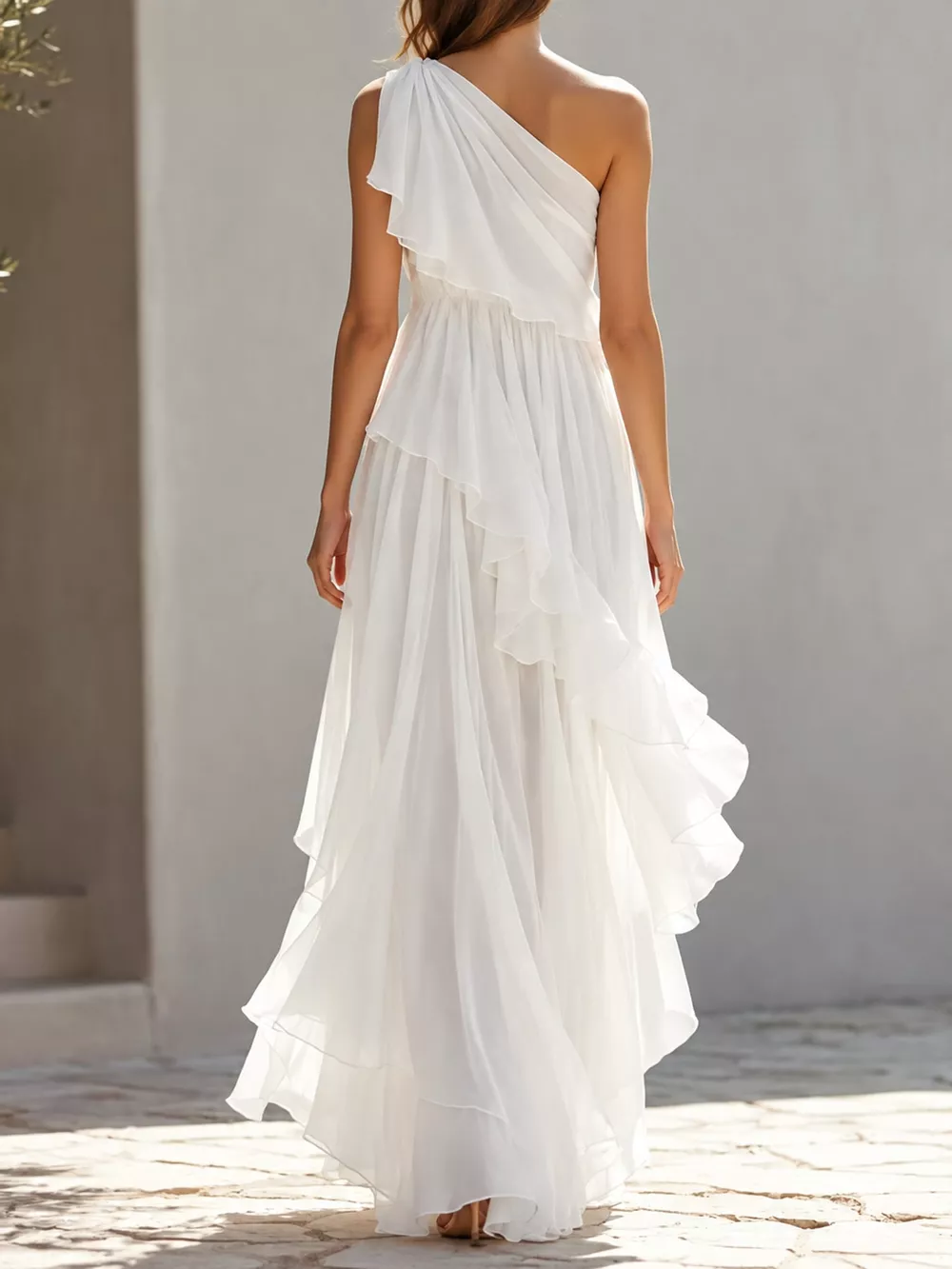 One-Shoulder Ruffled Chiffon Maxi Dress, image 8