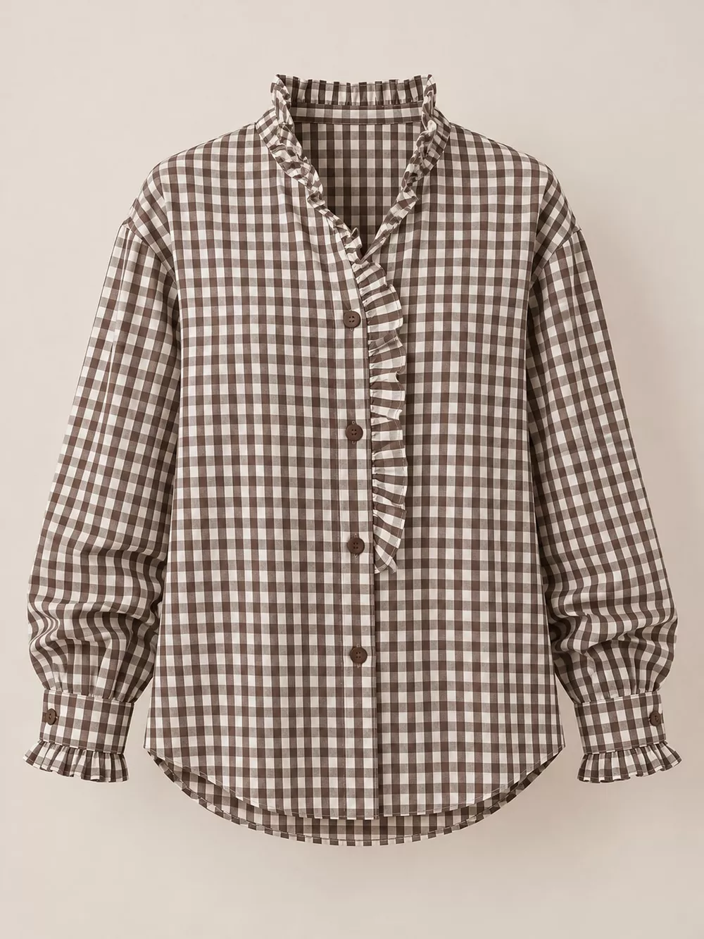 Gingham Ruffle Trim Stand Collar Shirt, image 21