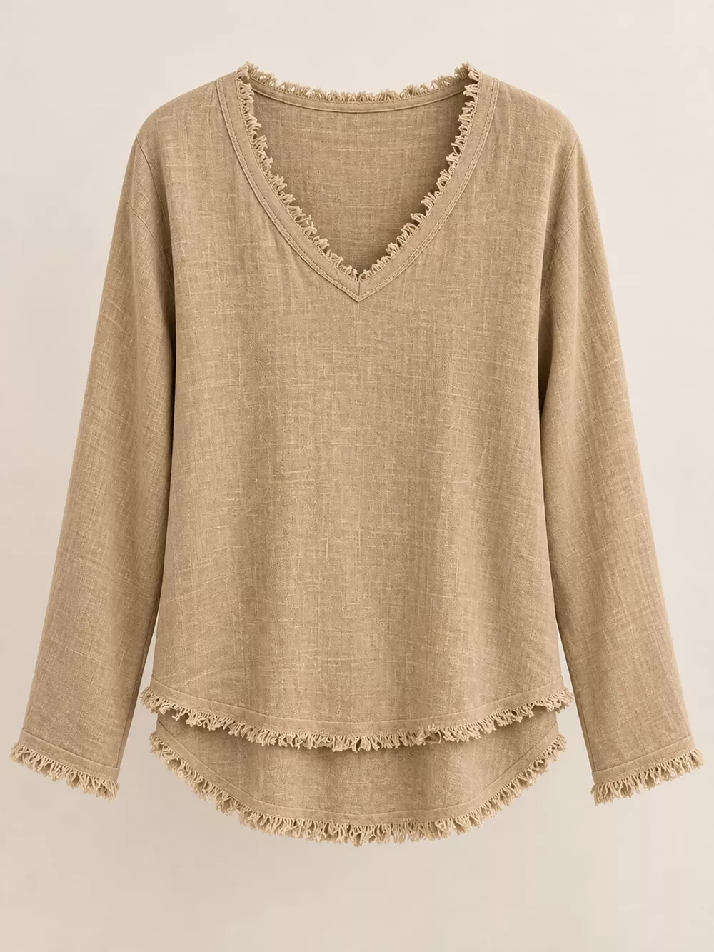Full Size Frayed Hem V-Neck Long Sleeve Blouse Plus Size, image 65