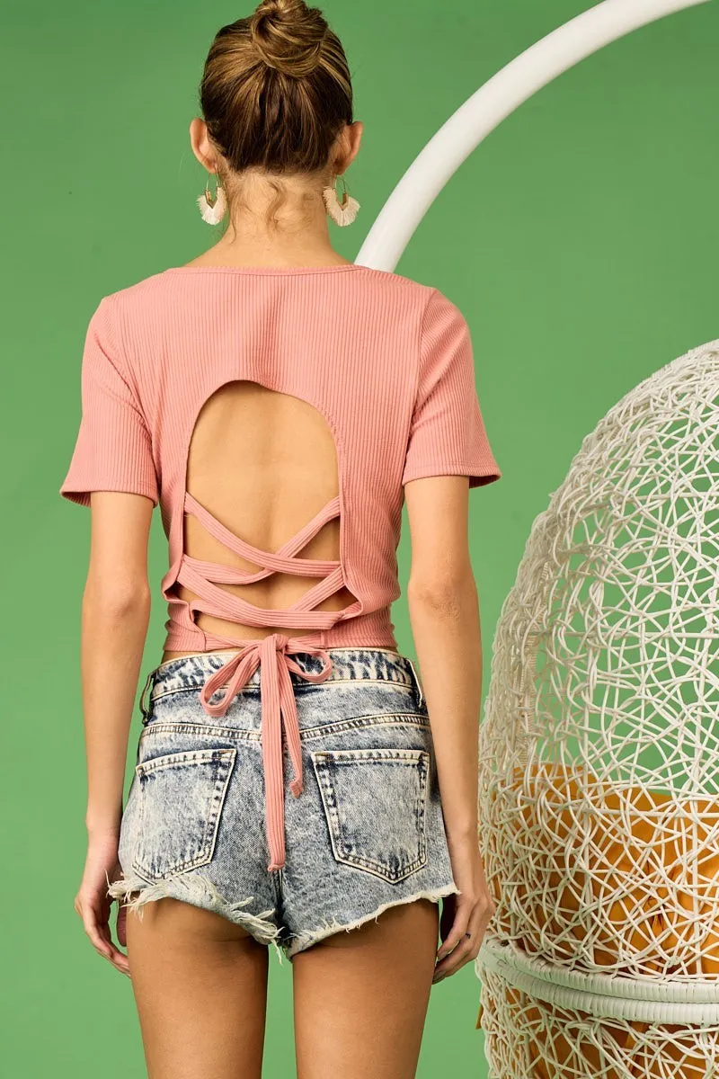 Rib Knit with Back Cross and Tied Detailed Top, image 15