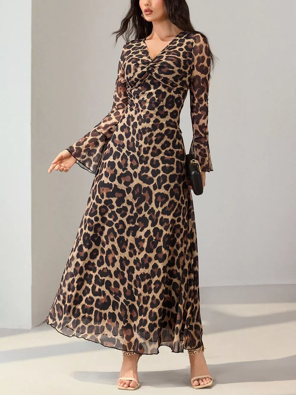 Leopard Print Flare Sleeve Maxi Dress, image 2