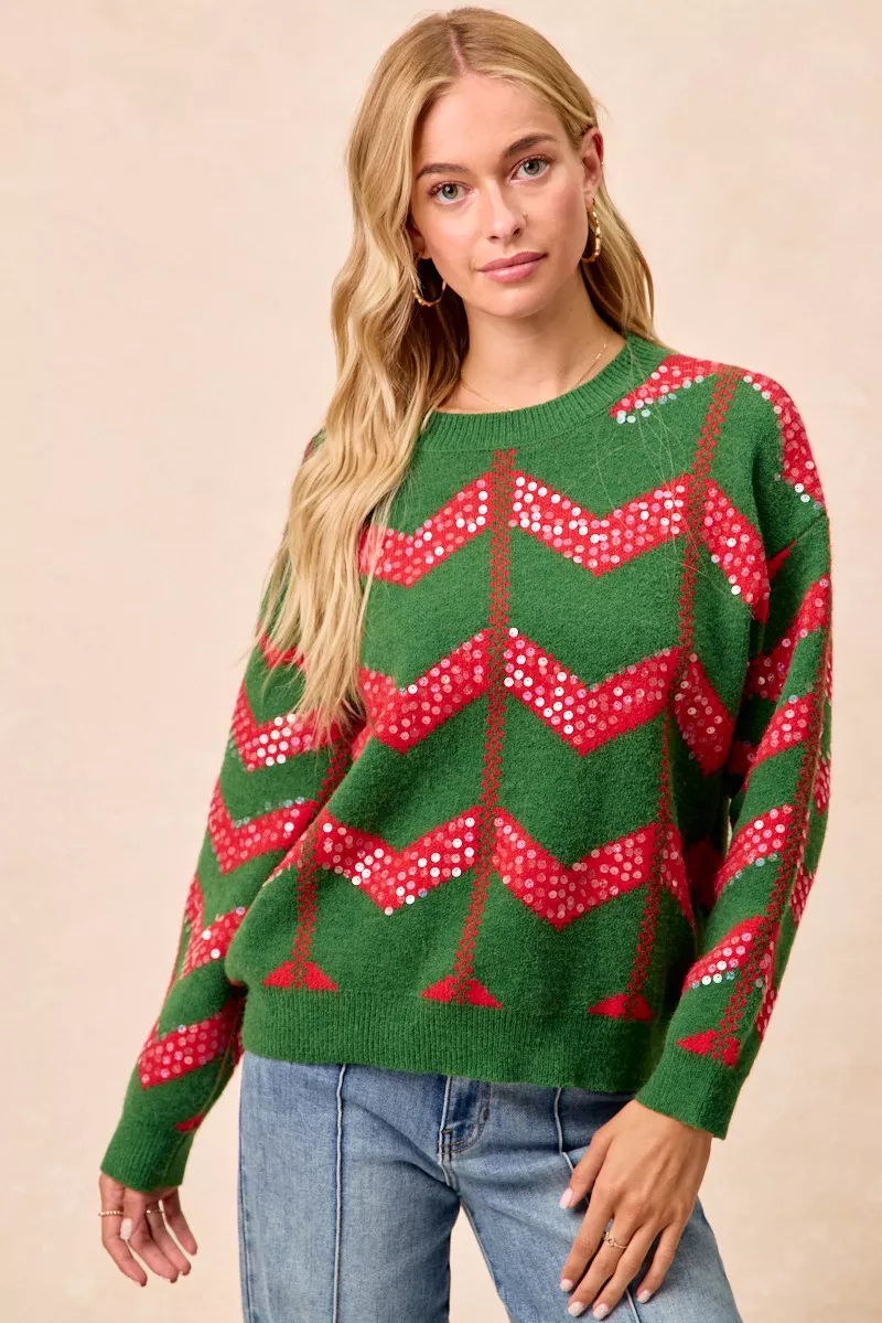 Christmas Theme Chevron Sequins Detail Sweater, image 7