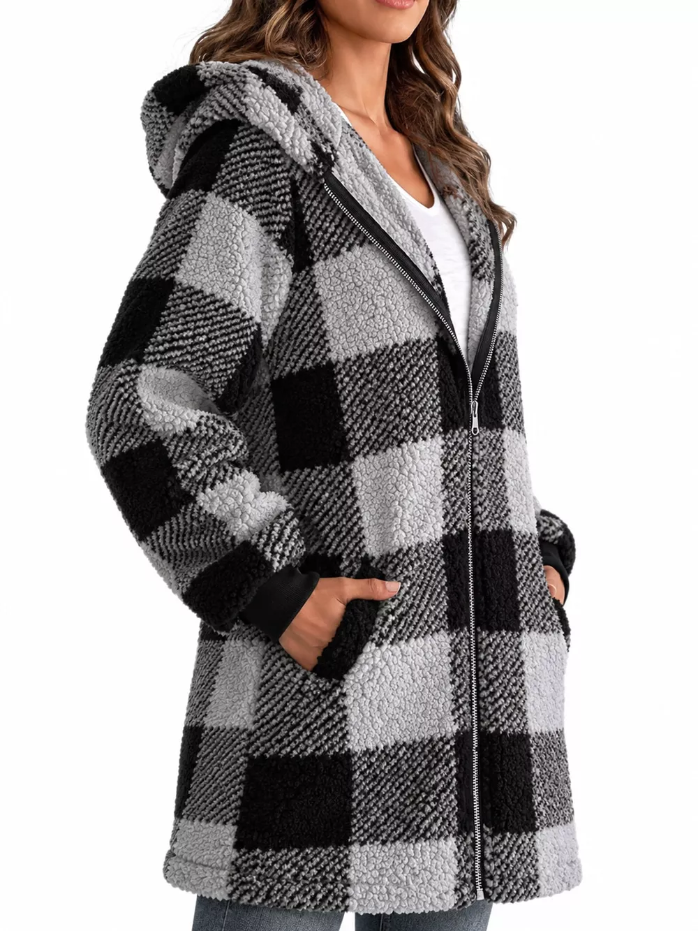 Full Size Plaid Sherpa Hooded Zip-Up Outerwear Plus Size, image 15