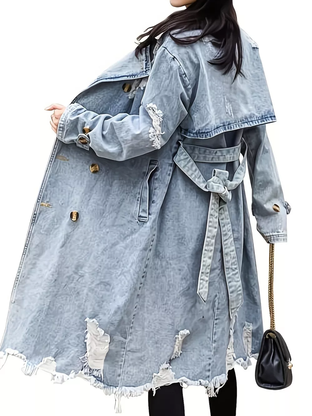 Distressed Double-Breasted Longline Denim Jacket, image 2
