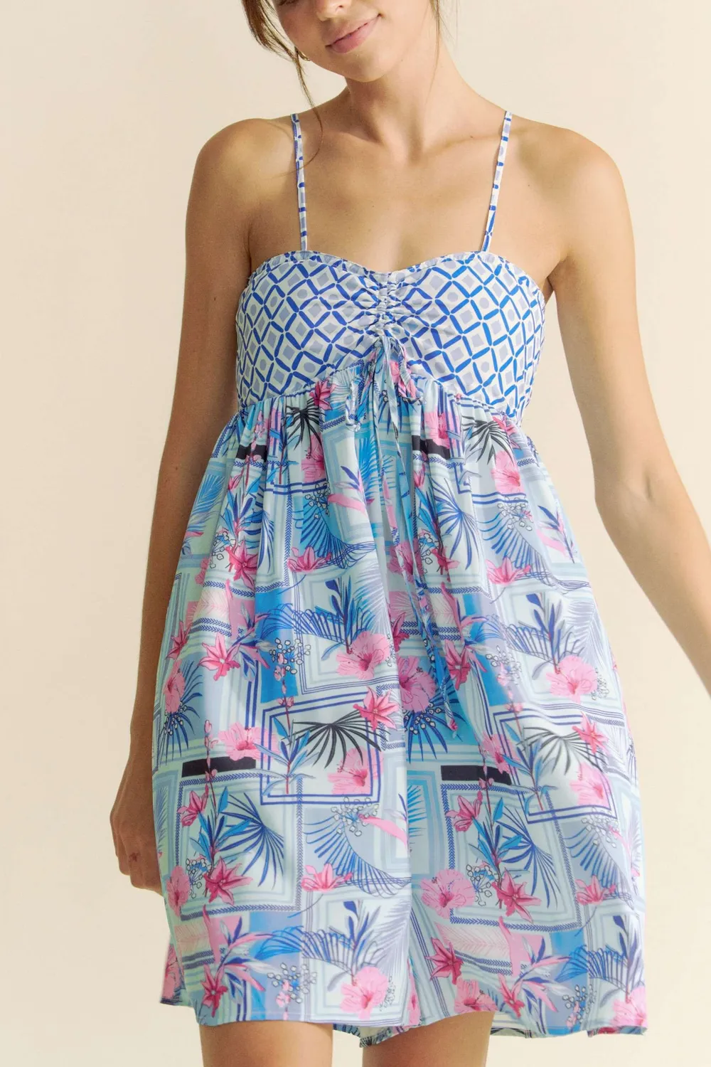 Tropical Floral Geo Print Tie Back Tube Top Romper, image 3