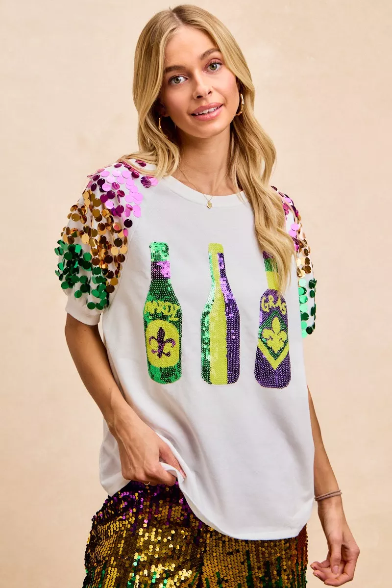 Sequin Mardi Gras Bottles Spangled Sleeve Top, image 19