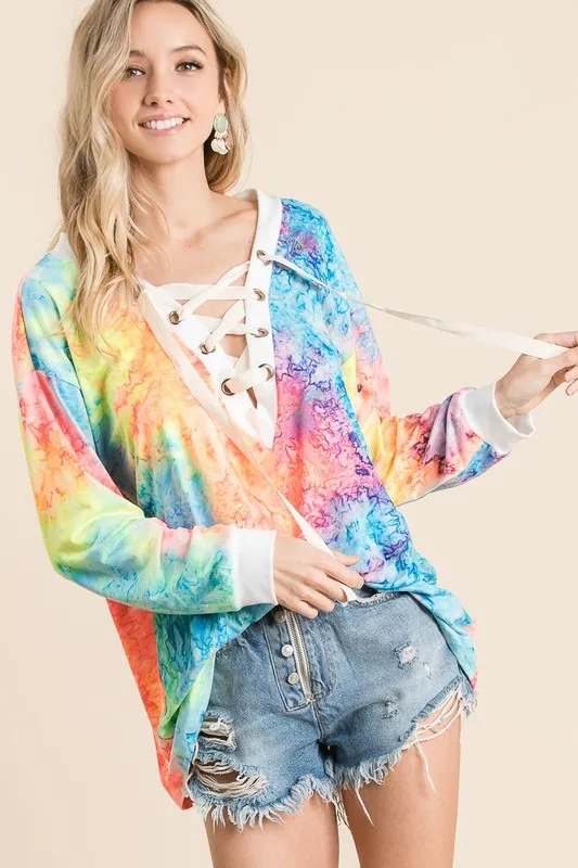 Tie Dye Deep V-neck Top With Lace Up Front, image 7