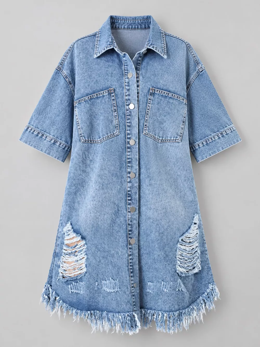 Plus Size Distressed Frayed Hem Button-Down Denim Dress, image 15